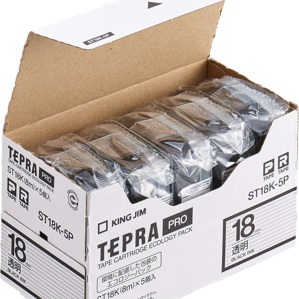 サイズ：18mm◆商品名：キングジム Pテープエコパック トウメイクロ18 透明 ST18K-5P型番:ST18K-5P長さ:8m幅:18mmラベル:白【特長】 環境に優しいエコパックです。 包装材を減らし、廃棄物を削減しました。【用途】 テープのまとめ買いに。【仕様】 テープ色：透明 テープ幅(mm)：18 テープ長さ(m)：8 文字色：黒 5個入り 黒文字【材質／仕上】 テープ:PET ケース:ABS
