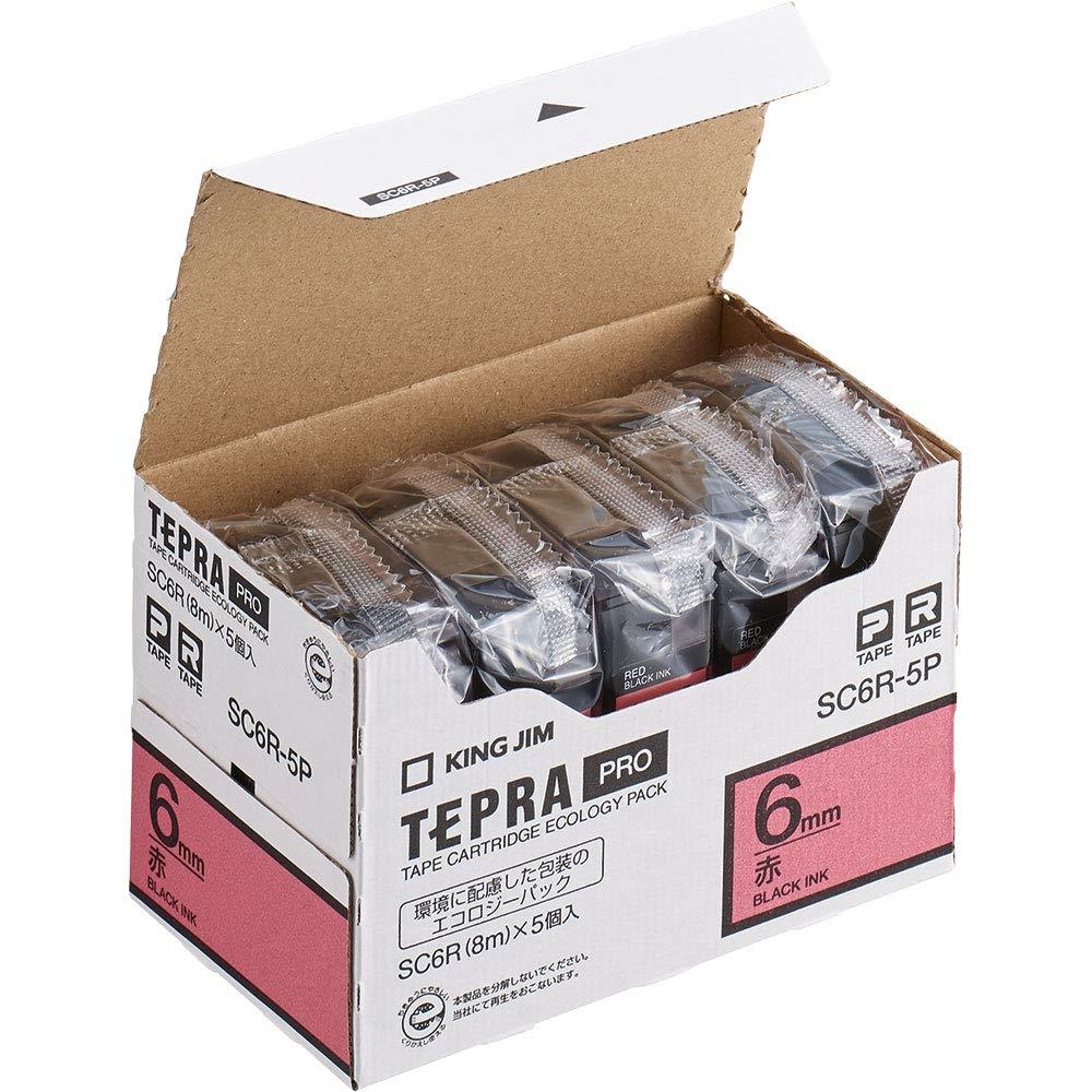 サイズ：6mm◆商品名：キングジム 【純正】 テプラPROテープカート リッジ エコパック5個入 6mm 赤ラベル/黒文字 長さ8m SC6R-5P型番:SC6R-5P長さ:8m幅:6mmラベル:赤/黒文字文字色:5個パック【特長】 環境に優しいエコパックです。 包装材を減らし、廃棄物を削減しました。【用途】【仕様】 テープ色：赤 テープ幅(mm)：6 テープ長さ(m)：8 文字色：黒 高さ(mm)75 赤 6mm幅 黒文字