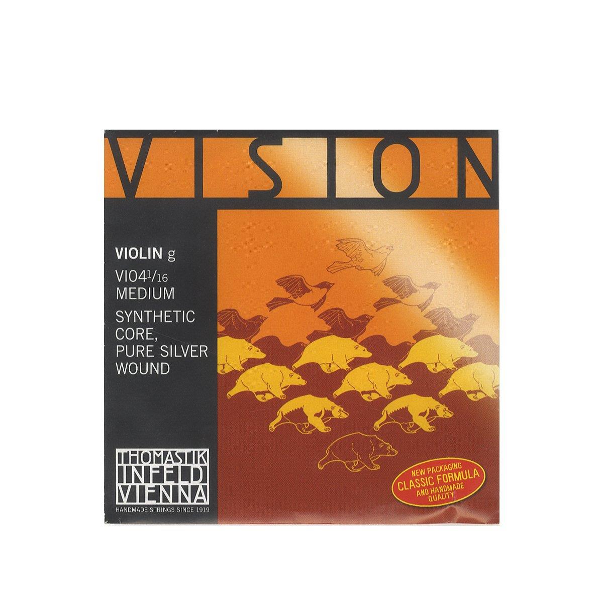 スタイル：G線VI04◆商品名：Vision ヴィジョン バイオリン弦 G線 シルバー巻 VI04 1/16Thomastik-Infeld(トマスティック・インフェルト)社は、オーストリアのウイーンで、バイオリンの製作家と技術者の共同によって設立され世界的に圧倒的な支持を得ているブランドです。最新の技術を駆使して開発・製造されており、滑らかな音質とともにパワフルなナイロン弦暖かめの音色で、音の立ち上がりが速く細かいパッセージを弾きやすい。シンセティックコア/シルバー巻Thomastik-Infeld社(オーストリア)製ミディアムテンション