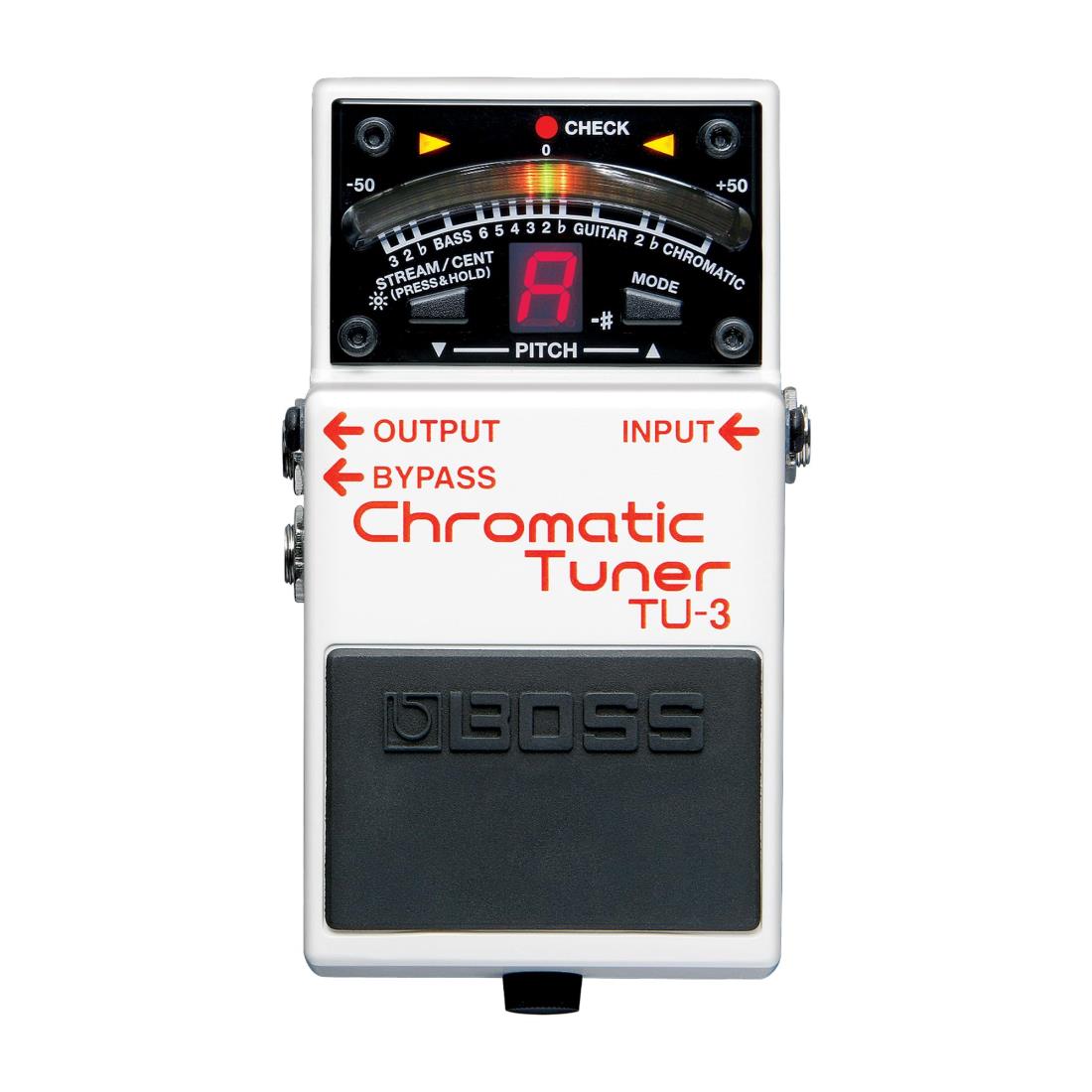 スタイル：コンパクト◆商品名：BOSS ボス CHROMATIC TUNER クロマチック・チューナー TU-3ステージ・ユースに最適なコンパクト・タイプのクロマチック・チューナー野外での視認性を高める高輝度モードや、21個のLEDで滑らかなメーター表示を実現チューニングの完了をLEDの動作で知らせるアキュピッチ・サイン機能搭載最大6半音までのフラット・チューニングにも対応。他のコンパクトへの電源供給機能も装備商品紹介 野外での視認性を高める高輝度モードや、21個のLEDで滑らかなメーター表示を実現チューニングの完了をLEDの動作で知らせるアキュピッチ・サイン機能搭載最大6半音までのフラット・チューニングにも対応。他のコンパクトへの電源供給機能も装備◆高輝度モードや21個のLEDによるメーター表示TU-3は、BOSSコンパクト・シリーズと同じデザインを採用した、ライブに最適なチューナーTU-2の後継モデル。TU-3では、野外での視認性向上させるため高輝度モードを新規搭載しました。また、メーター部分には21個のLEDを使用して、チューニングの状況を滑らかに表示。さまざまなステージで快適/スム ーズなチューニングが行えます。チューニングの表示パターンは、針式メーターをイメージしたCENTだけでなく、TU-2で好評だったピッチの高低を光の流れで表現するSTREAMにも切り替えが可能です。もちろん、チューニングは、半音単位で音名を確認できるクロマチック以外に、弦番号で表示できるギター・モード/ベース(5弦ベース対応)・モードも装備しています。◆チューニングに便利な機能を搭載TU-3は、チューニングの完了をLEDの動きで知らせてくれるアキュピッチ・サイン機能を新たに搭載。安心で快適なチューニングが行えます。さらにフラット・チューニングは、設定範囲を拡大し、ギター・モードで6半音、ベース・モードで3半音まで対応しました。もちろん、他のコンパクトへの電源供給や、チューナー・オンと同時に信号を自動的にミュートし、 音を出さずにチューニングが行えるOUTPUT端子など便利な機能も搭載しています。 ※在庫依存品です。売り切れの場合はさせていただきます。