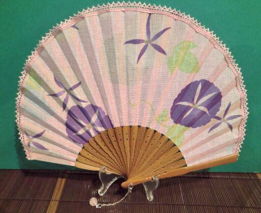 ハマグリ扇子/朝顔柄(ピンク)浴衣地/7寸/綿生地/貝型シェル扇子 ハマグリ扇子/朝顔柄(ピンク)浴衣地/7寸/綿生地/貝型シェル扇子
