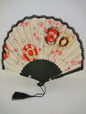 ハマグリ扇子・和傘(ベージュ)和柄/黒骨 天レース黒/7寸/綿生地/貝型シェル扇子