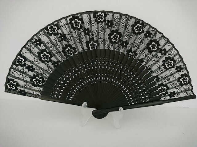 ミニ扇子／ブラックフォーマル／黒扇子　＜可愛い花柄＞／6寸（18センチ）／白ベース／シルク地／ミニ..