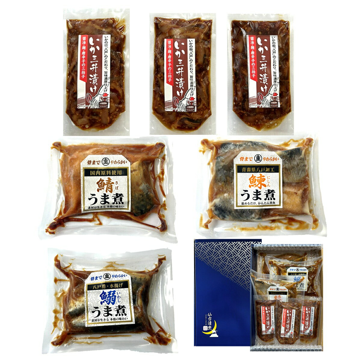 乐天商城 - 【青森八戸名産】海鮮 グルメいか三升漬け・さば・いわし・にしん旨煮の6Pセット
