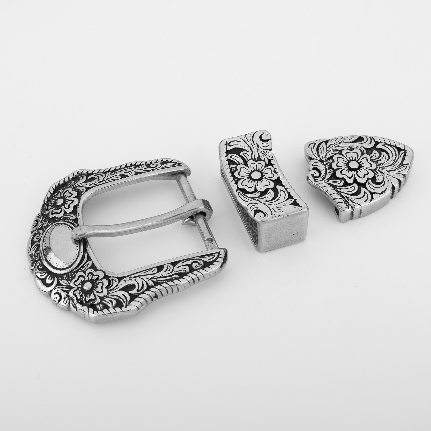 senwa ベルトバックル 40mm 3点セット ステンレス製 唐草模様 彫刻バックル ベルトループ ベルトエンド金具 ヴィンテージ アンティーク レザークラフト ベルト金具