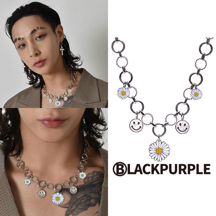 BLACKPURPLE ネックレス スマイル HAPPYDAY NECKLACE VER 01 ☆ スマイリー デイジー フラワー シンプル レディース K-POPアイドル着用 大人気 韓国ファッション 韓国ブランド ブラックパープル