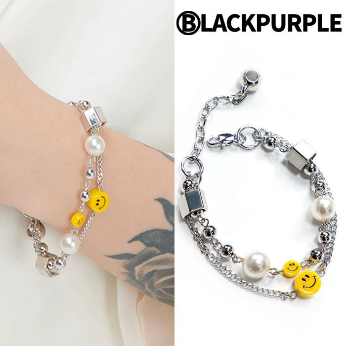 BLACKPURPLE ブレスレット スマイル SMILE & PEARL BRACELET ☆ スマイリー にこちゃん パール ポイントファッション レディース メンズ K-POPアイドル着用ブランド 大人気 韓国ファッション 韓国ブランド ブラックパープル