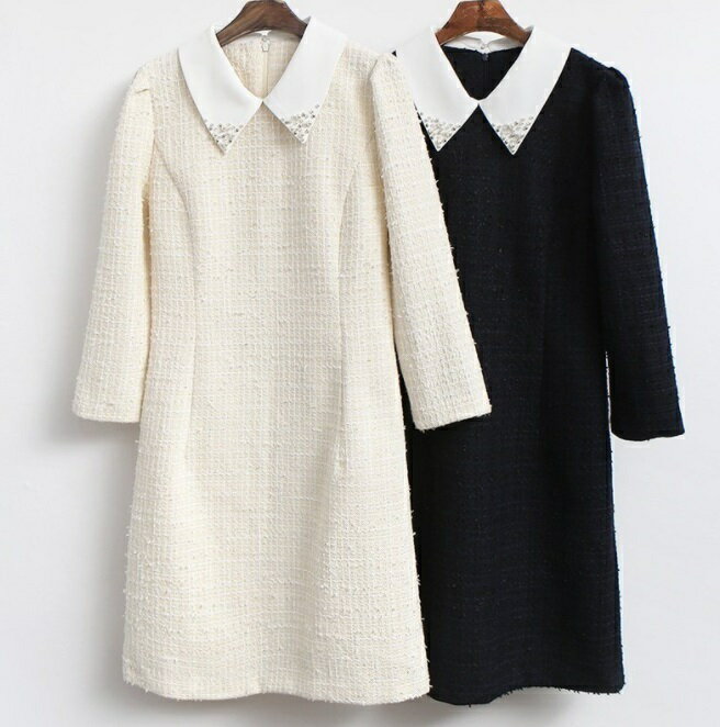 超特価激安 襟付き膝丈ワンピース きれいめ 入卒園式 ビジュー 上品 食事会 入学式 卒業式 結婚式 二次会 お呼ばれ パーティードレス Party パーティーワンピース 膝丈ワンピース Aラインワンピース フレアワンピース 清楚 上品 甘め フェミニン バイカラー 長袖