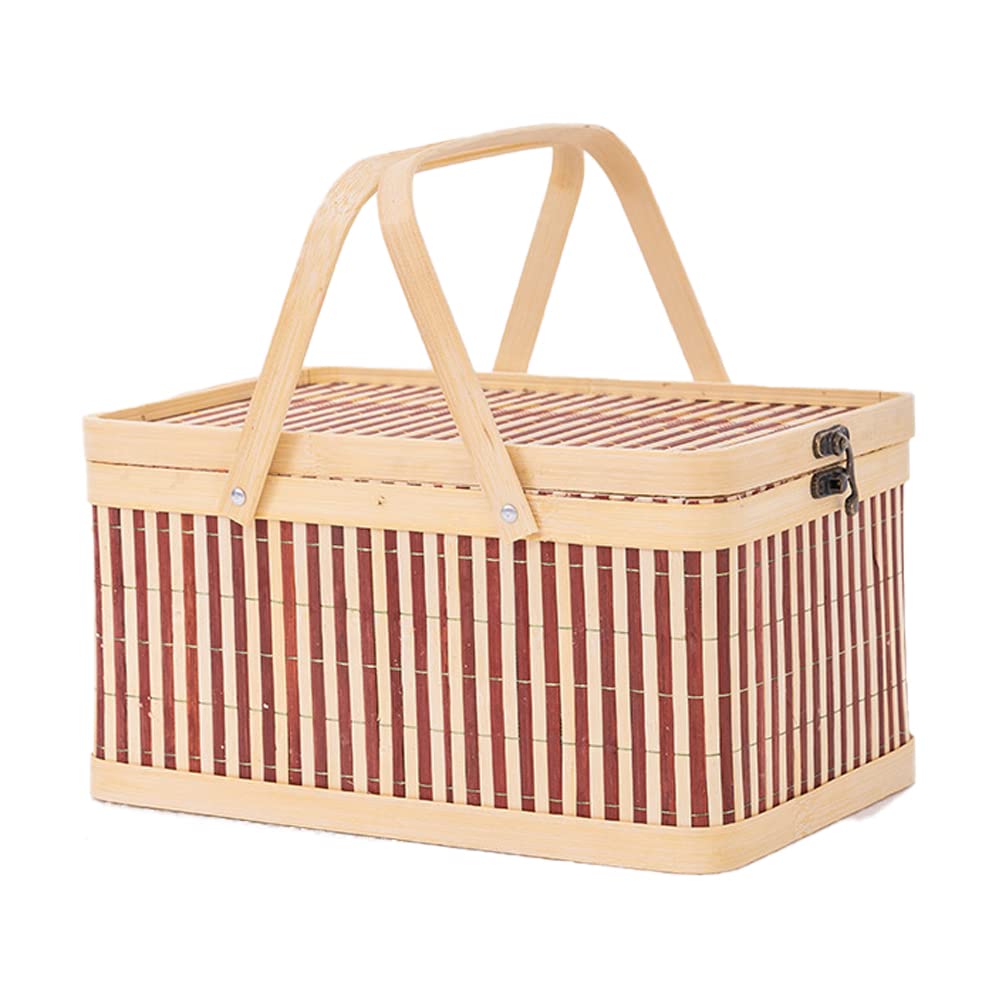 ピクニックバスケット 収納ボックス 竹籠 竹篭 収納ケース フルーツバスケット 竹製 編み込み 蓋付き 軽量 大容量 おしゃれ シンプル 小物入れ 野菜・果物・菓子入れ 容器 整理 整頓 キッチン 卓上 かご ピクニック キャンプ 収納用品 浴室 卓上収納 小物収納 省スペース