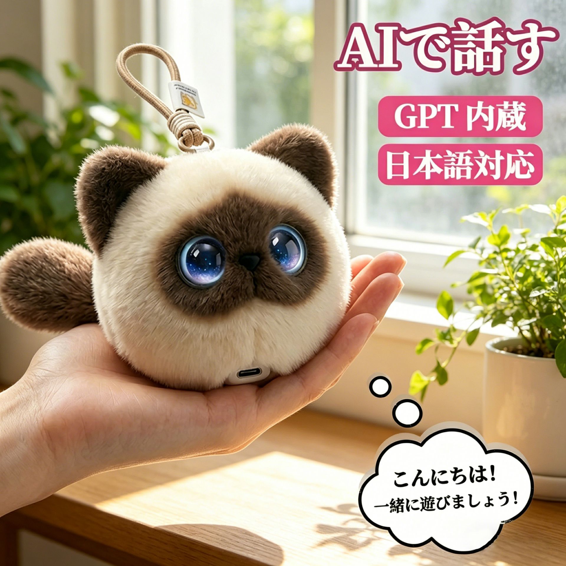 商品情報商品情報 サイズ 約 幅10cm × 高さ12cm × 奥行10cm 材質 ポリエステル、プラスチック、電子部品 バッテリー 1200mAh (便利なType-C充電式) 接続方法 Wi-Fi (専用アプリ連携必須) 中身は超賢いAI頭脳 ChatGPTなどの 新AI大模型を搭載。決まった言葉を返すだけの録音おもちゃとは違い、文脈を理解して無限の会話が楽しめます。子供の「なぜ？なに？」にも即座に回答し、大人には良き相談相手になります。 遊びながら楽しく英語学習 なんと88ヶ国語に対応 ネイティブな発音で、自然に語学力がアップします。小さなお子様の「 の英語」の練習相手にぴったり。高額な英会話教材の代わりにもなる、 の知育玩具です。 なでると喜ぶ究極の癒し効果 体に隠しスイッチを搭載。ふわふわの毛並みをなでると、愛らしい反応が返ってきたり、目の色が変化したりします。疲れた心に寄り添う、あなただけの専属セラピストとして活躍します。 スマホで性格までカスタマイズ 専用アプリ（Tuya Smart）と連携すれば、キャラクターの変更や音声調整が自由自在。今日はどんな性格にする？その日の気分に合わせて、相棒のキャラクターを変えられます。注意事項 ※ 2年間保証#ペットロボット#ロボット ペット#しゃべる ぬいぐるみ#おしゃべり ぬいぐるみ#高齢者 会話ロボット#ペットロボ#高齢者#ぬいぐるみ#呼吸する ぬいぐるみ#高齢者 おしゃべりロボット#癒しロボット#おしゃべりみーちゃん#aiロボット おしゃべり#ai ぬいぐるみ#おしゃべりロボット 大人向け#aiペットロボット#安眠 ぬいぐるみ 呼吸#会話ロボット