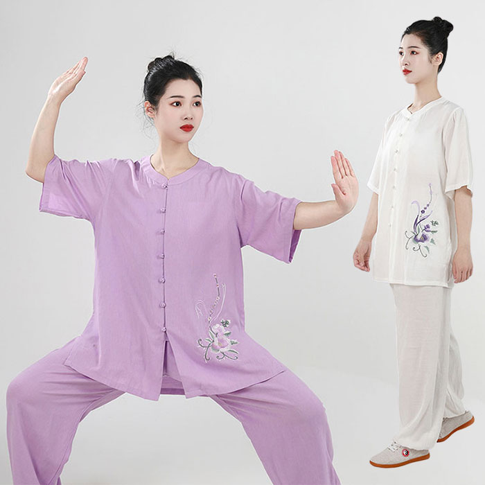 太極拳 服 太極拳衣装 五分袖 上下セット 全7色 花刺繍 ラウンドネック 太極拳 ウ...