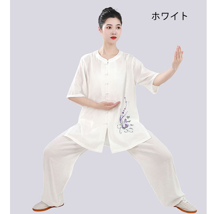 太極拳 服 太極拳衣装 五分袖 上下セット 全7色 花刺繍 ラウンドネック 太極拳 ウ...