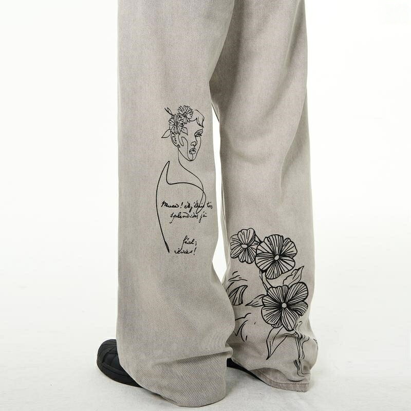 デニムパンツ レトロ 手描き グラフィ ズボン パンツ 新登場! XS S M L XL 2XL