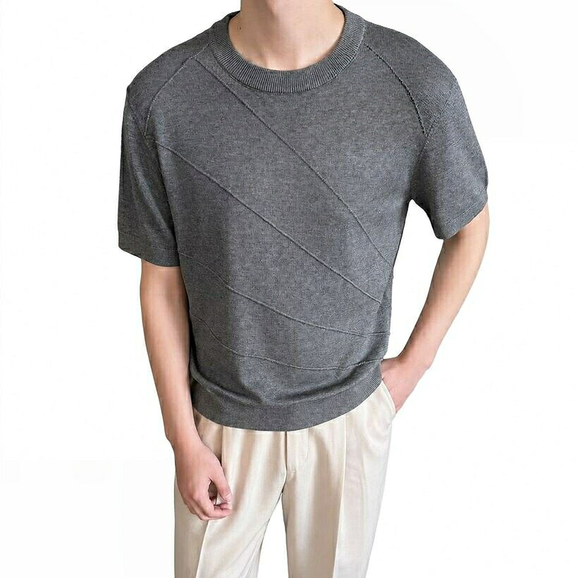 サマーニット メンズ 半袖 Tシャツ 着痩せ ゆったり カジュアル 丸首 ティーシャツ クルーネック 斜めライン デザイン ニットソー プルオーバー 無地 春 taku おしゃれ 大きいサイズ 夏