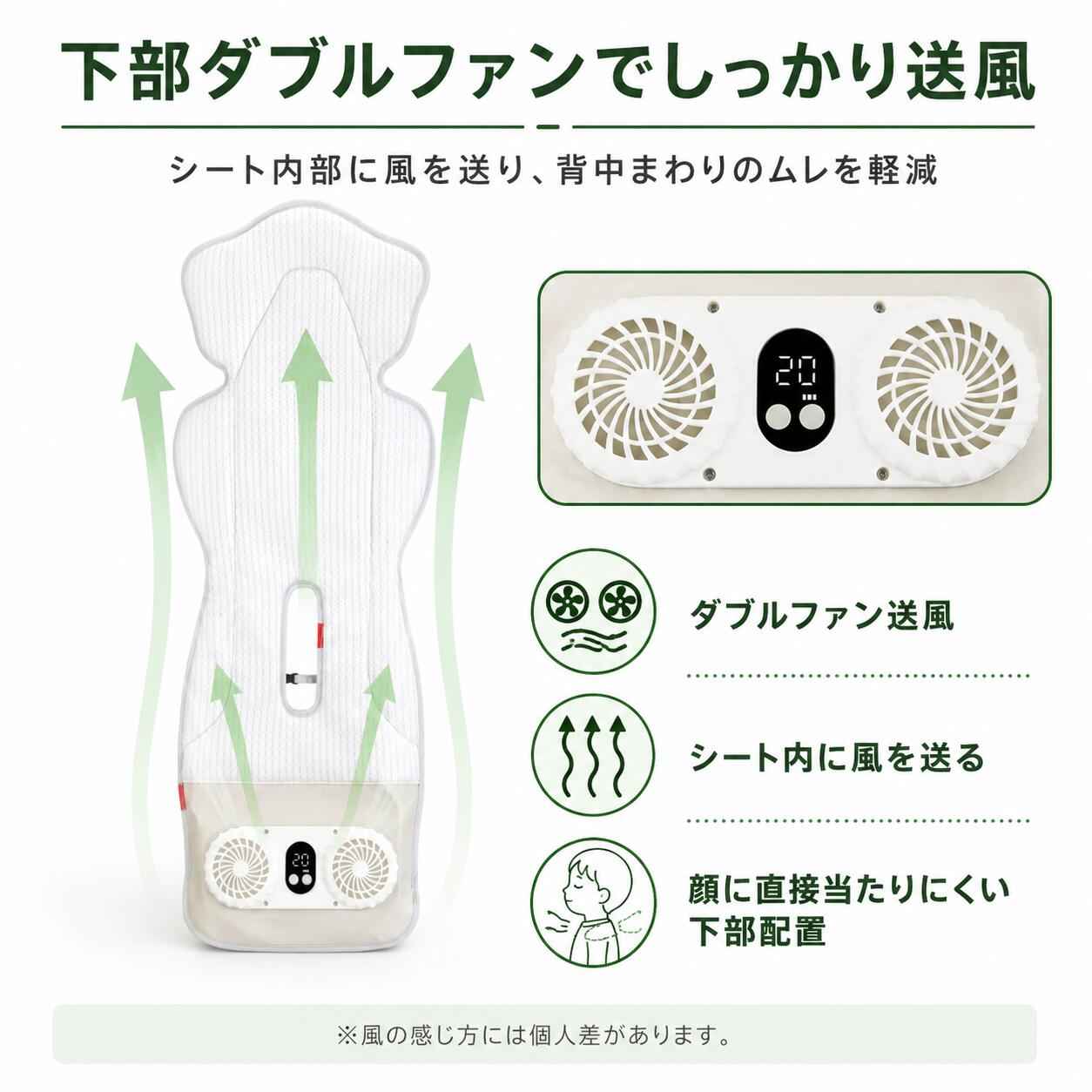 Septa Storeのファン付きベビーカーシート 送風シート ベビーカー クールシート ダブルファン USB給電 3段階風量 タイマー付き 通気性 メッシュ ベビーラ チャイルドシート 暑さ対策 ポリエステル｜アングル3