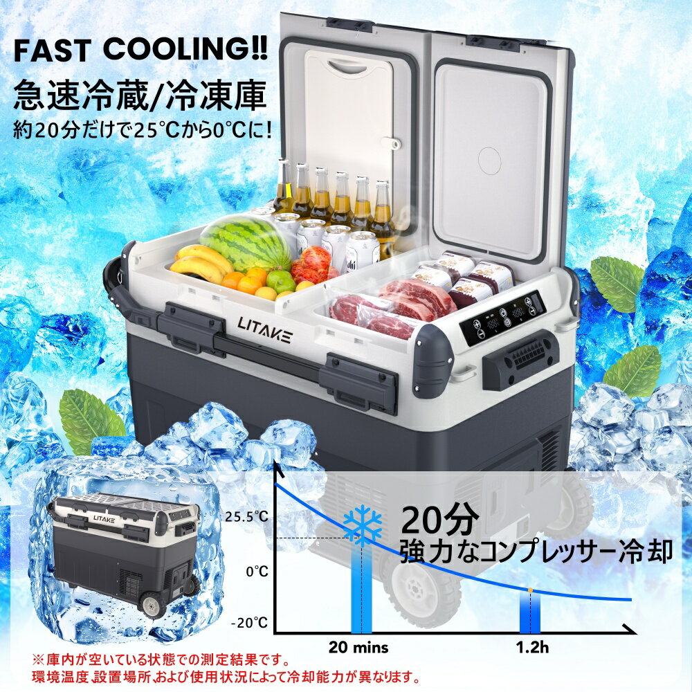 「スーパーSALE限定価格＆P5倍」車載冷蔵庫 30L/40L/50L コンプレッサー式 バッテリー内蔵可能 -20℃〜20℃ 急速冷凍 4Way電源対応 アプリ遠隔操作 2室独立温度制御 DC12V/24V AC100V 低電圧保護 車載家庭両用 庫内灯付 ポータブル冷蔵庫 車中泊 アウトドア