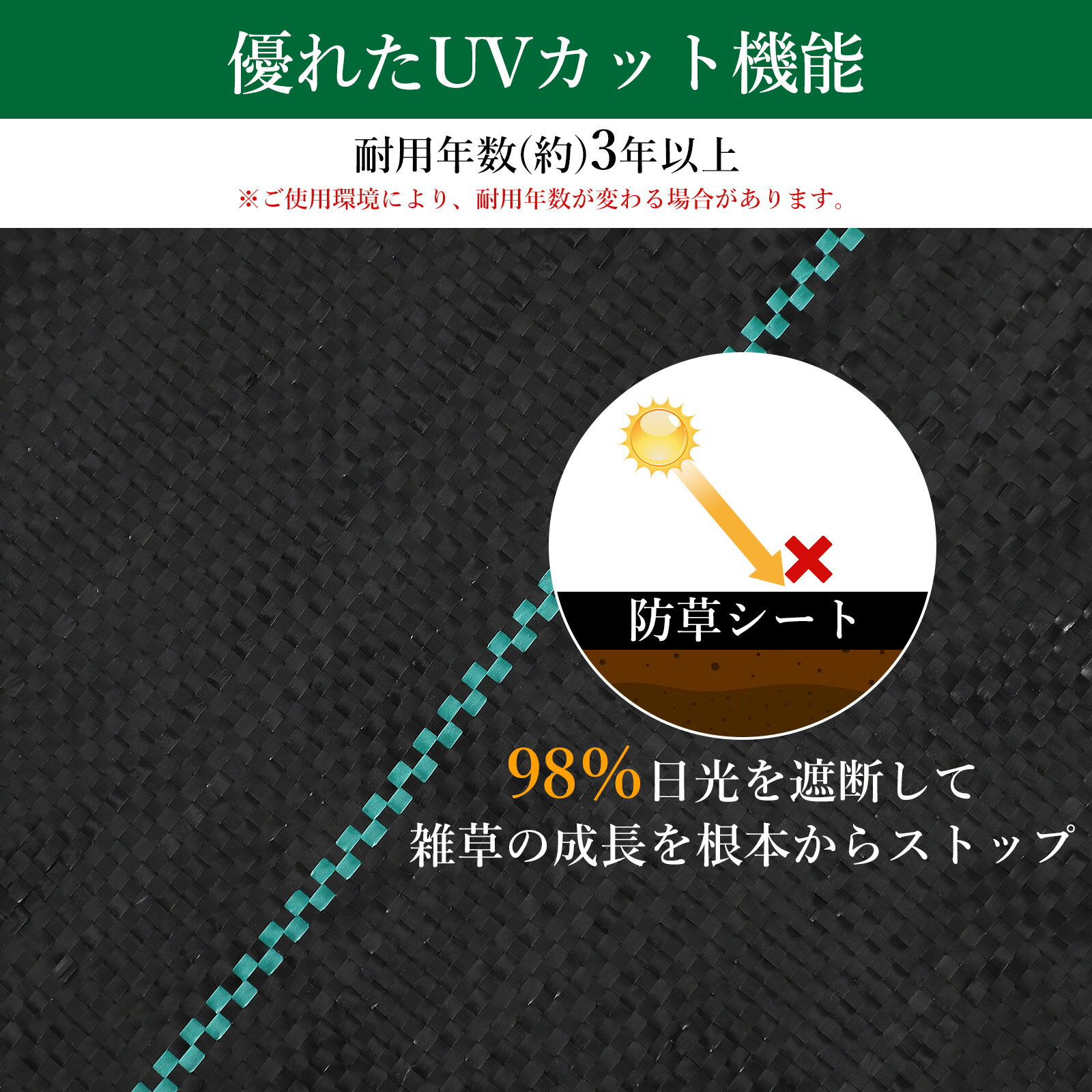 防草シート 高密度120g/平米 高透水 高耐久 厚手 紫外線劣化防止 Uピン杭と黒丸付...