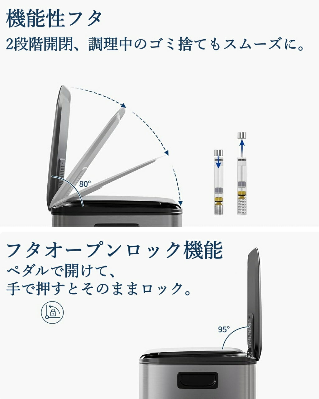 ゴミ箱 30Lx2 2分別 ステンレス製ゴミ箱 大容量60L ペダル式 ふた付き ダストボックス キッチン 両開き ソフトクローズ 防臭 取り外し可能なインナーバケツ付き ホーム オフィス用 シルバー グレー [3]