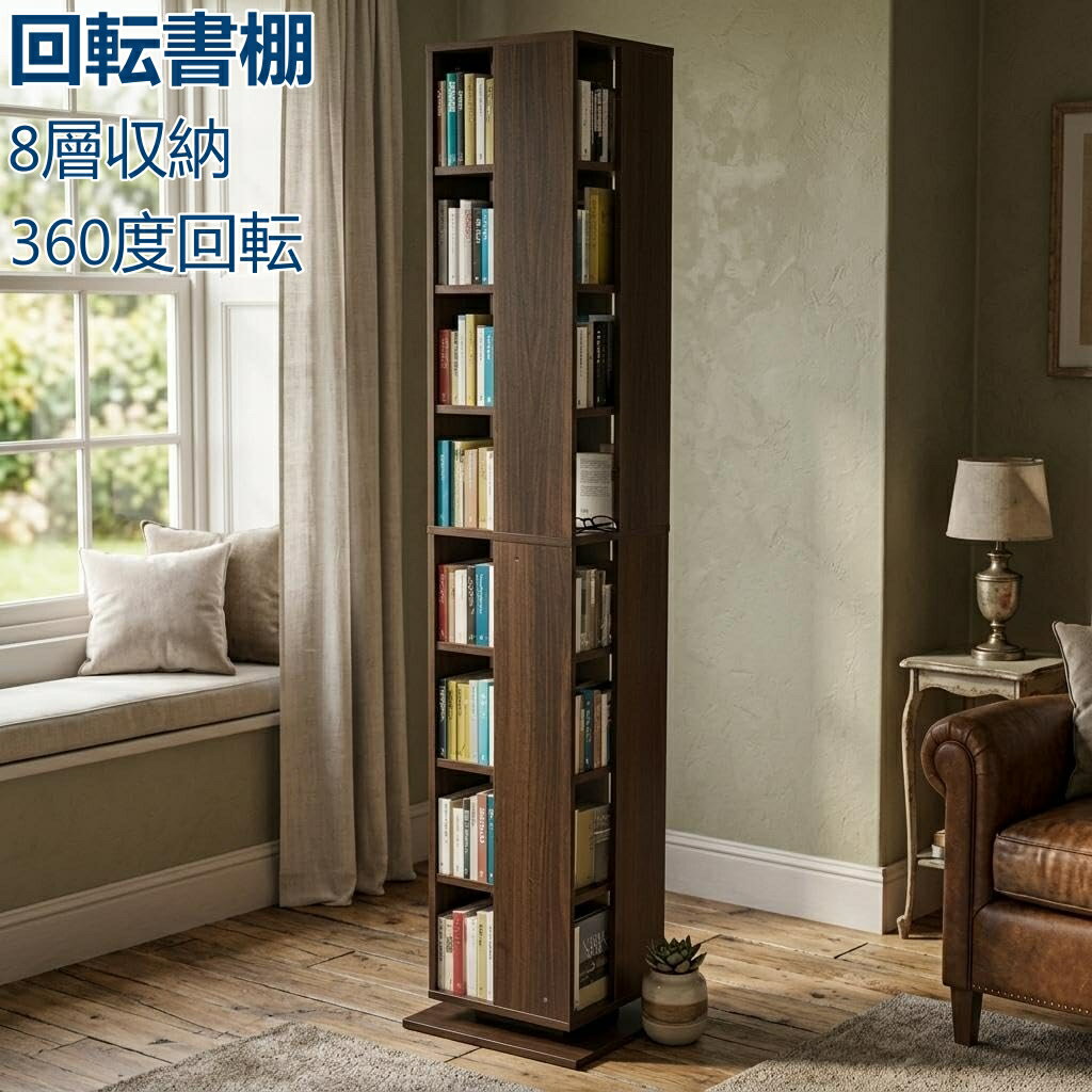 全品P5倍 回転書棚 1 台 高さ 181cm 幅 39cm 奥行 39cm 8 層収納 360 度回転 スリム隙間ラック 室内多用途 ブラウン