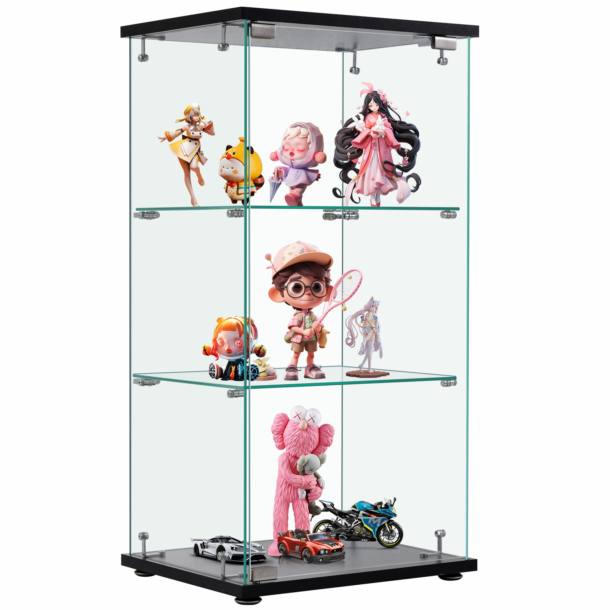 コレクションケース ガラスディスプレイキャビネット フィギュアケース 3段 ブラック 強化ガラス 全面..