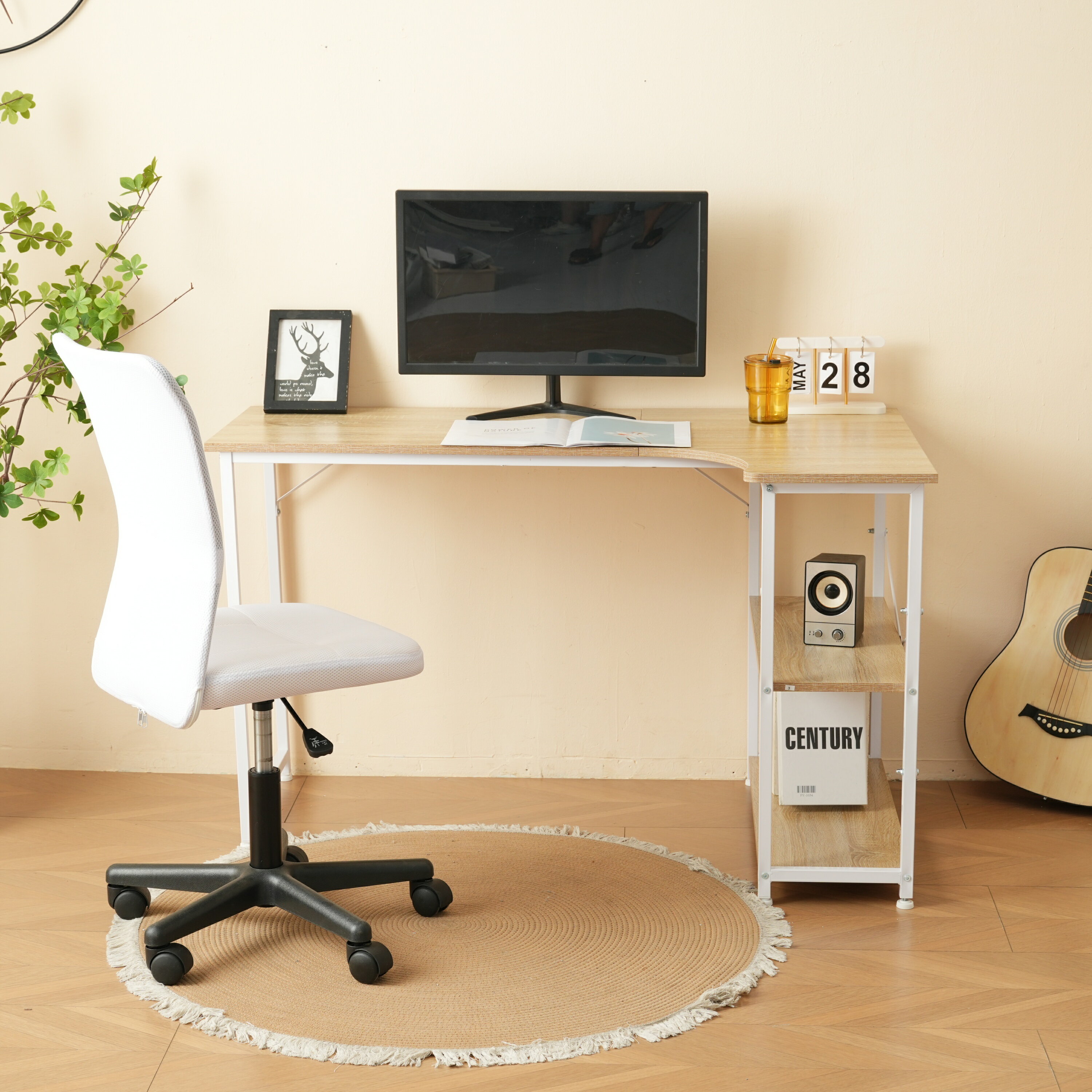 【ナチュラル】パソコンデスク L字-右棚 　120cm　2段ラック付 デスク木製 ミシン台 書斎机 勉強机