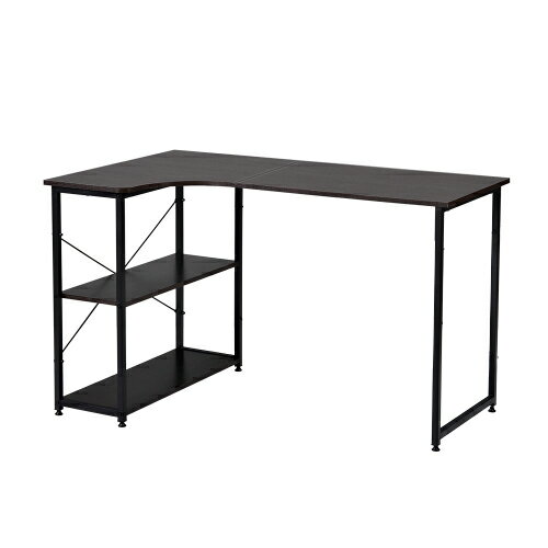 【ダークブラウン】パソコンデスク L字　120cm　2段ラック付 デスク木製 ミシン台 書斎机 勉強机　ダー..