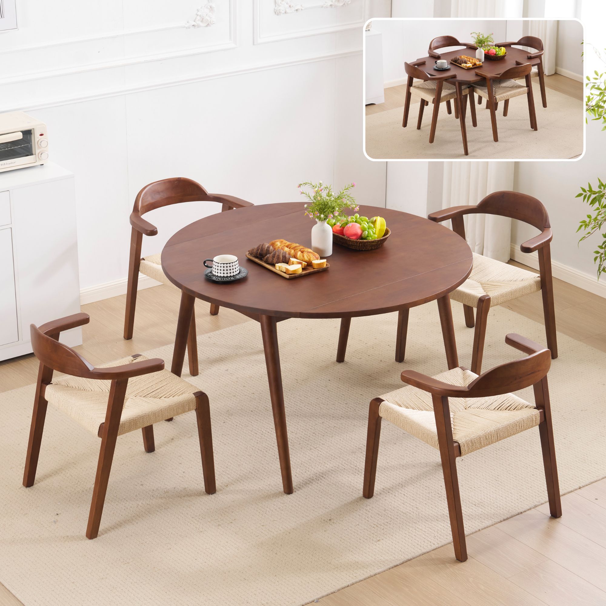 【5点セット】ダイニングテーブル1点×チェア4脚 4人用 伸長式ダイニングテーブル 折りたたみダイニングテーブル 円形 半円形 幅120