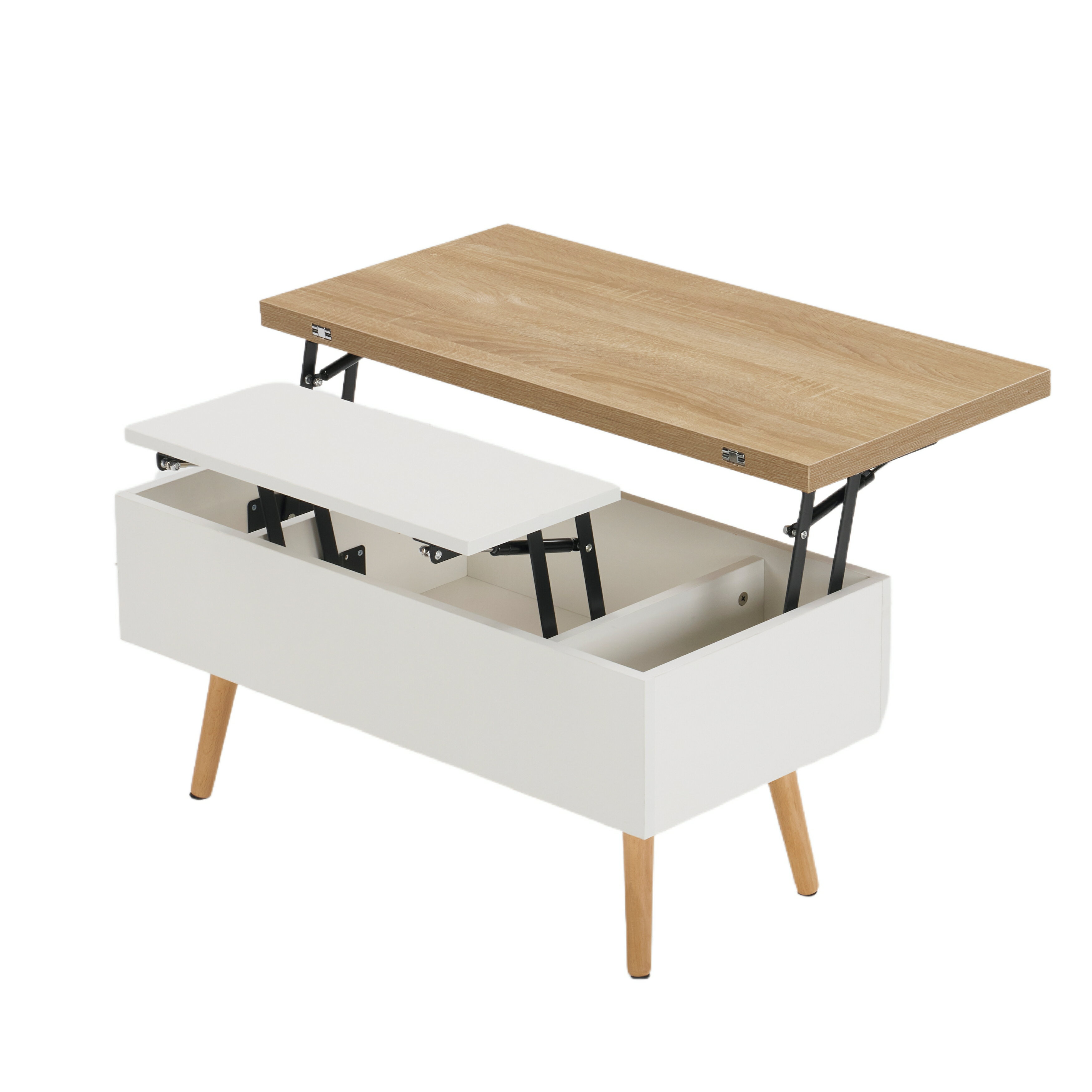 ナチュラル+ ホワイト　テーブル 油圧昇降式テーブル 昇降テーブル ダイニングテーブル 収納機能 ロー..