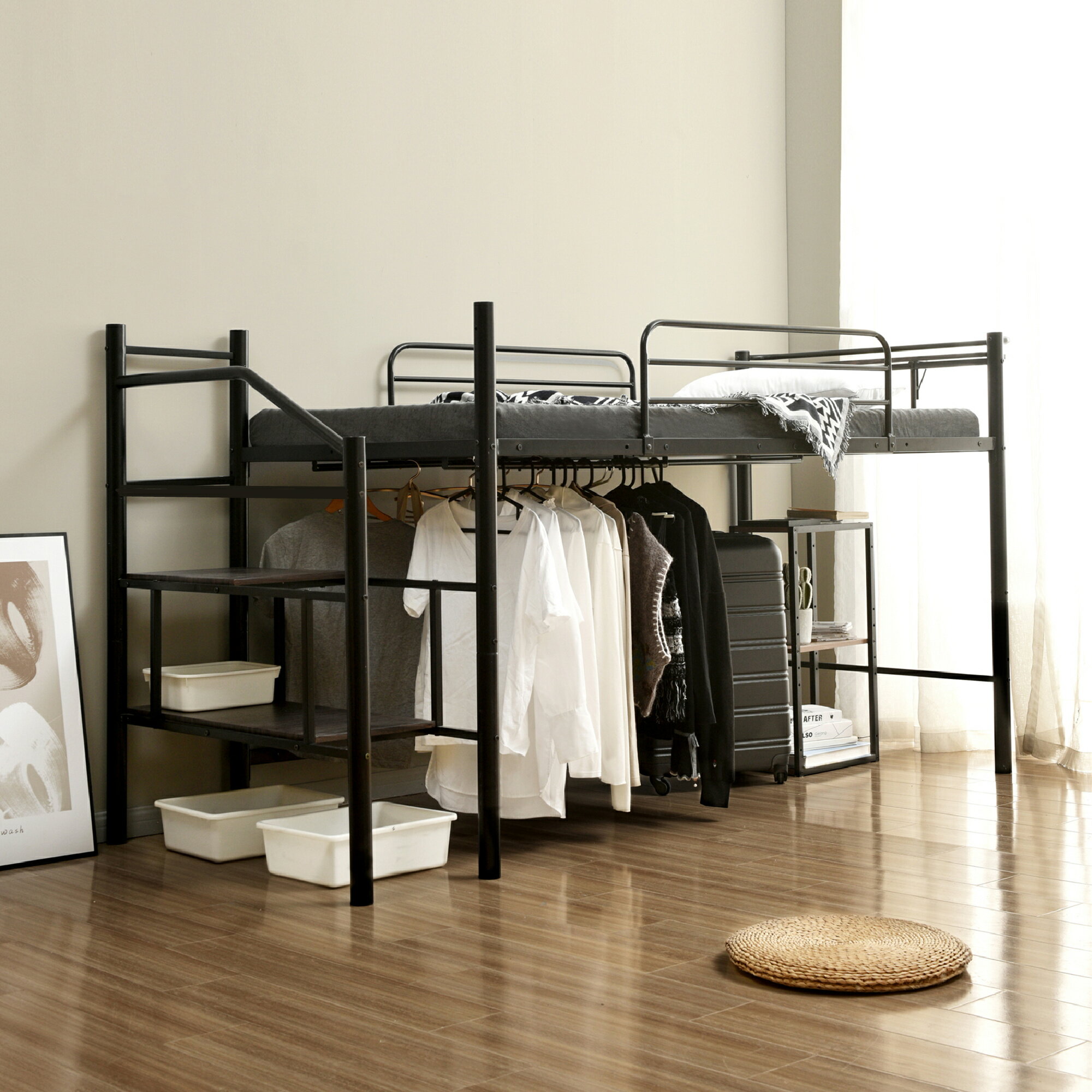 【マットレス付き】ロフトベッド パイプベッド シングル 耐荷重150kg 高さ130cm ハイベッド ロフトベッ..