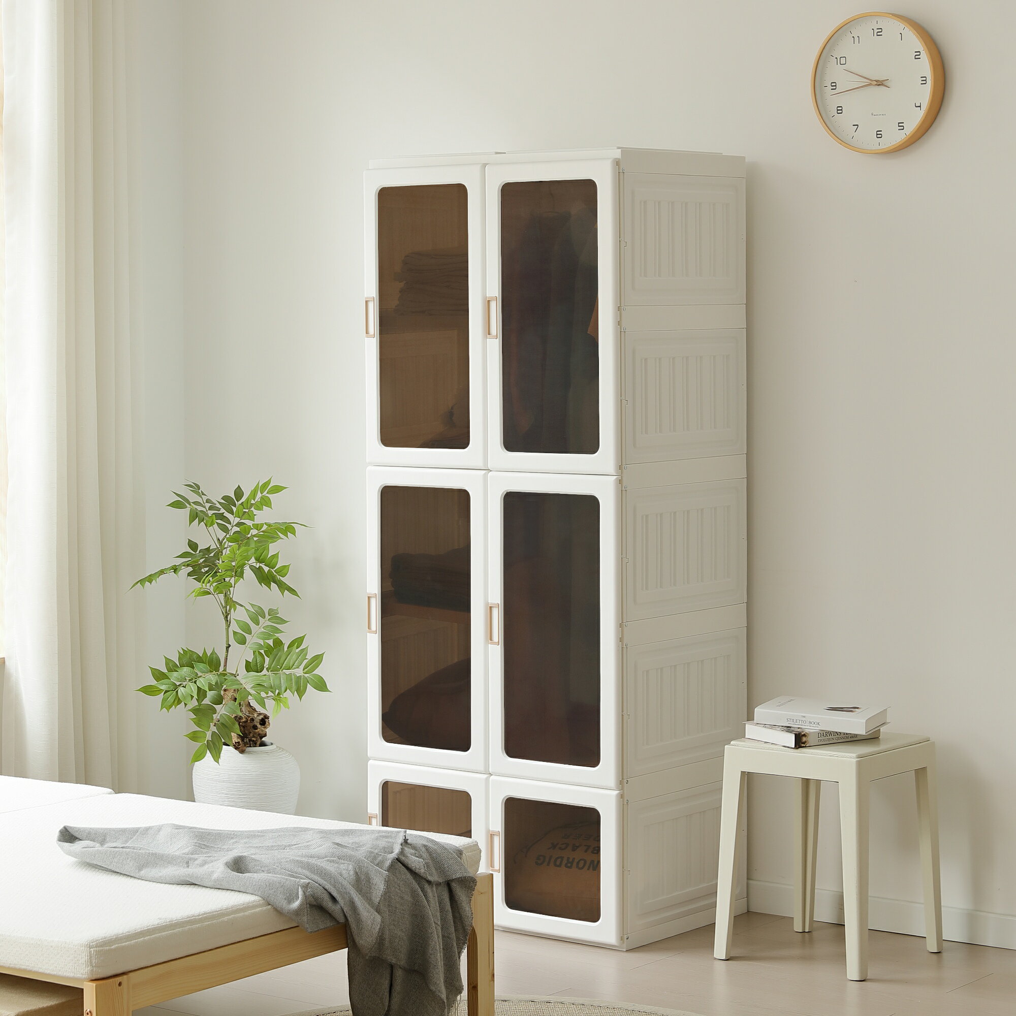 【幅69*高さ170cm茶色透明扉】ワードローブ クローゼット 一体折りたたみ式 収納 扉付き 洋服ダンス ハンガーラック 簡単組立 大容量 衣