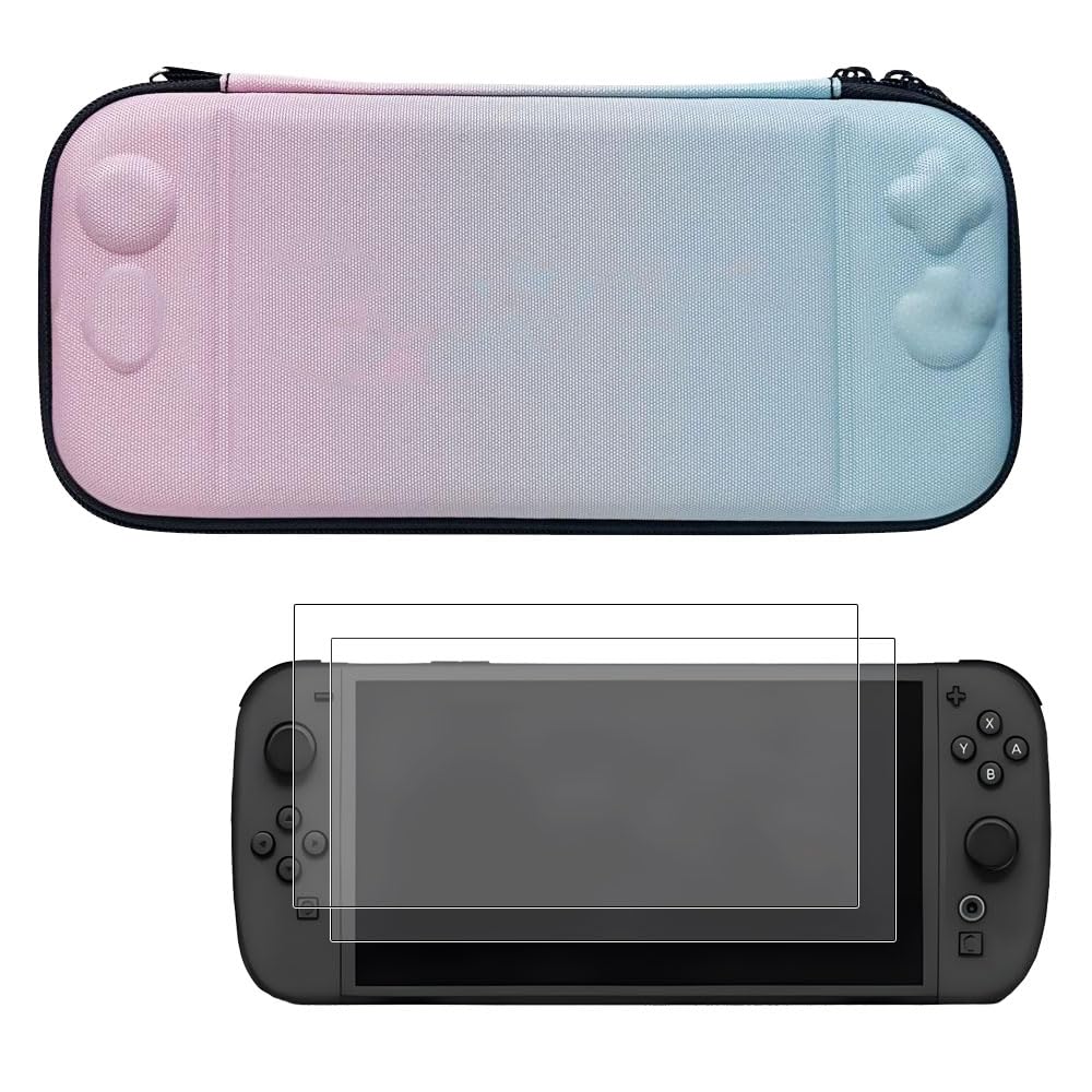 【送料無料】Ninten-do Switch2 (2025) ケース+ 2枚ガラス強化保護フィルム Ninten-do Switch 2 カバー ニンテンドースイッチライト EVA 収納バッグ 防塵 防水 耐衝撃 小物収納 軽量 持ち運び便利 全面保護カバー(Ninten-do Switch 2 青とピンクのグラデーション)