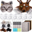 獣耳メイクDIYキット42点完全セット|フェルト/人工毛皮/カスタム眼メッシュ付き|ハロウィン・クリスマス・コスプレ対応|親子手作り用 安全ST基準適合|絵付け可能ホワイトマスク6枚+装飾星パーツ|3歳以上全年齢対応|詳細画像