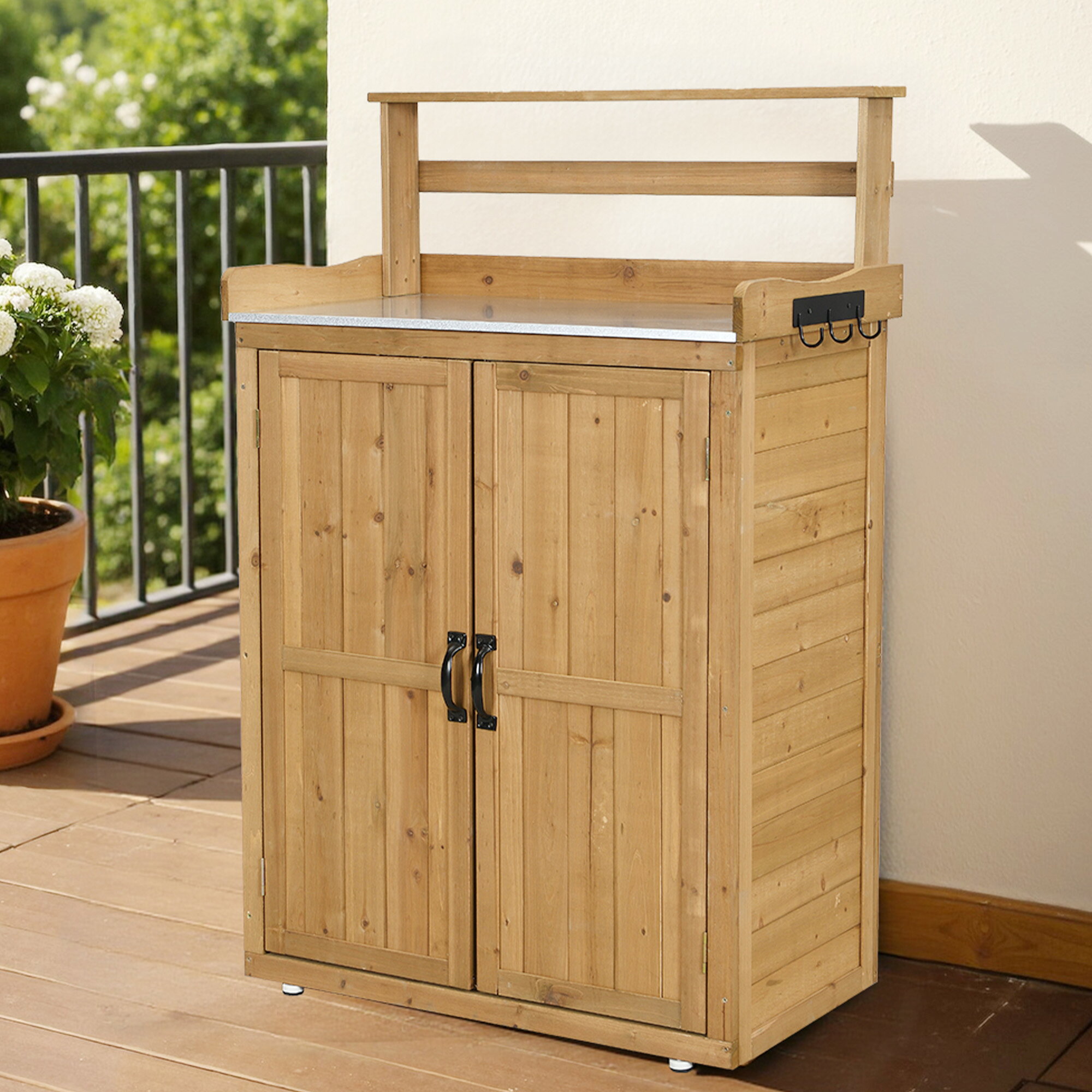 Rakuten - 物置き 木製 収納庫 観音扉 ガーデニング用品 小屋 戸外収納庫 大型 屋外物置 棚 大型 ドア ベランダ 物置き 屋外収納 ガーデニング ウ
