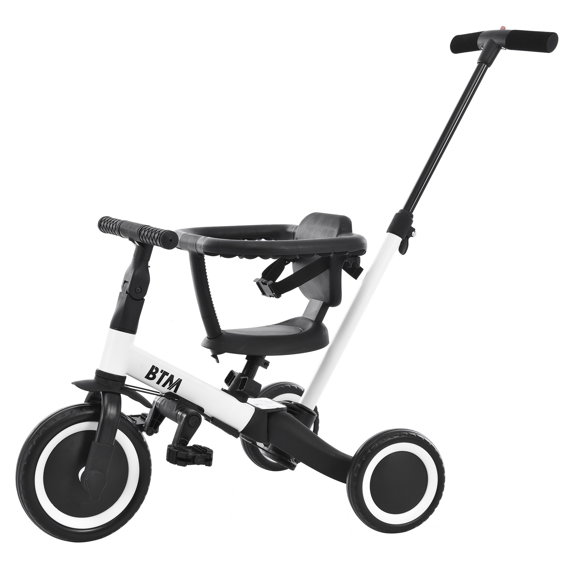 【一台5役 長く楽しめる】押し棒付き三輪車·三輪車補助輪キックバイク·キックバイク·二輪車、子供の成長に合わせて様々な機能で使える。 【BIG車輪】柔らかくて空気入れ必要なし、使用寿命も長い。【便利な押し棒】脱着可能な押し棒は高さ調節可能で速度制御に役立つ。 【ハンドル＆サドル調整可能】ハンドルの角度調節ができ、子供の成長に合わせて使用できる。【ペダルの脱着可能】ペダルの使用しない場合はサドルの下に保管できる。 【3点式安全ベルト】走行時の揺れによりずり落ちるなどの事故からお子様を守る。【背もたれ脱着可能】必要のない時簡単に脱着することができる。【優しい座席シート】お子様を安心してお使いいただける。色：White 材質：Steel