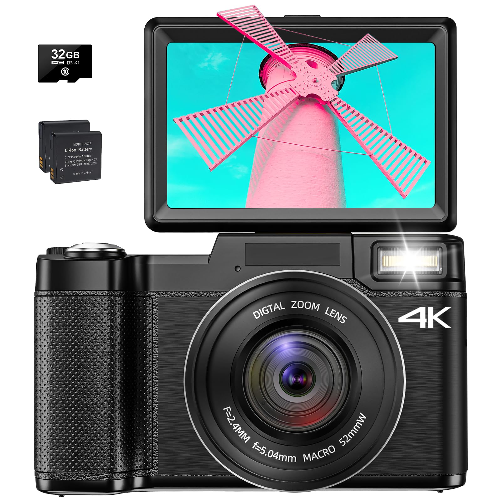 デジカメ 4K デジタルカメラ コンパクト 48 MP 180度回転スクリーンウェブカメラ機能 自撮りカメラ 16Xデジタルズーム Micro SDカード32GB付属 初心者 旅行、お正月、 クリスマス、入学のプレゼント（2つの800mAh電池）日本語説明書付き日本語システムサポート（ブラック）