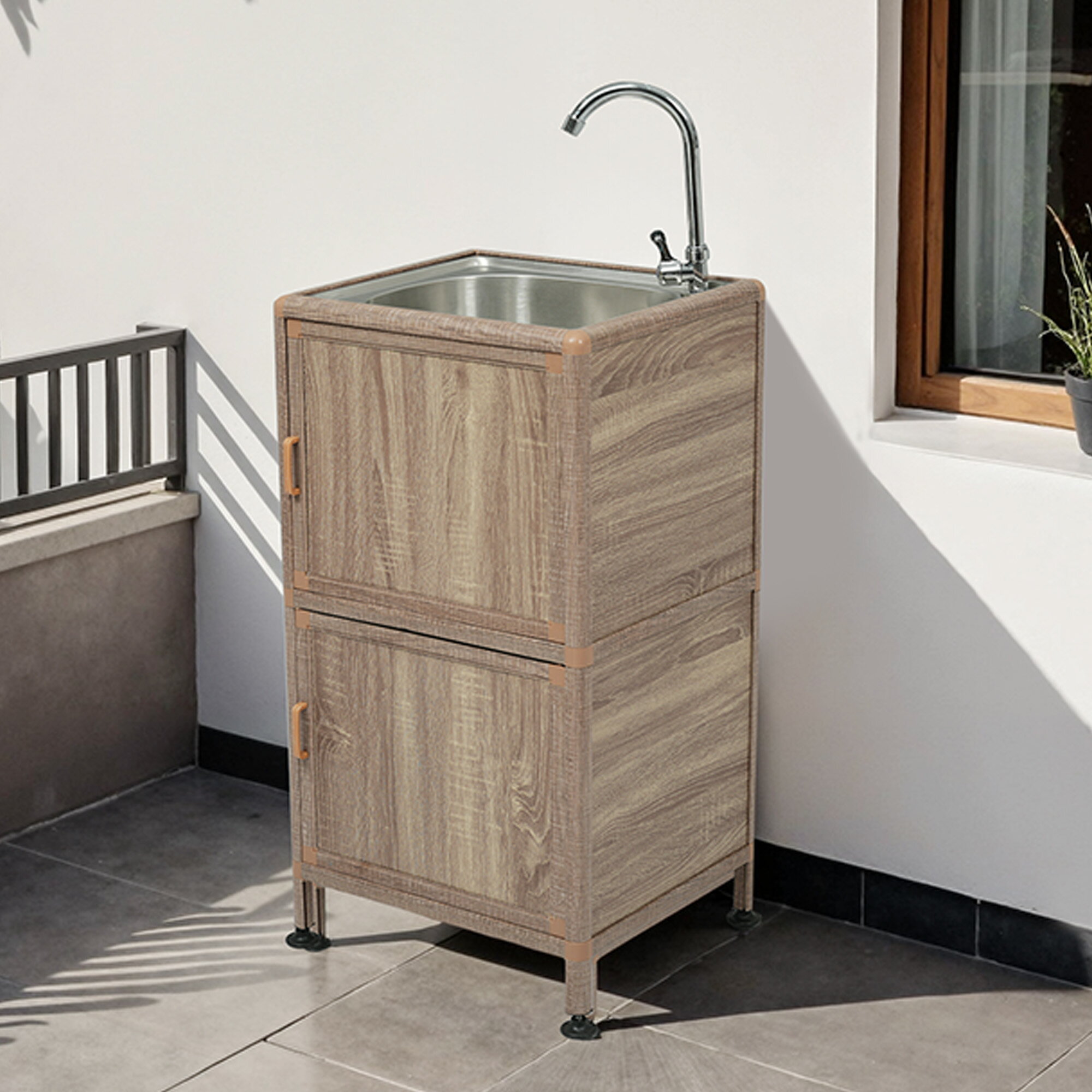 【囲い付きで便利】屋外 流し台 ステンレス W46×D35×H108cm ガーデンシンク 作業台 キッチン 台所 屋外..