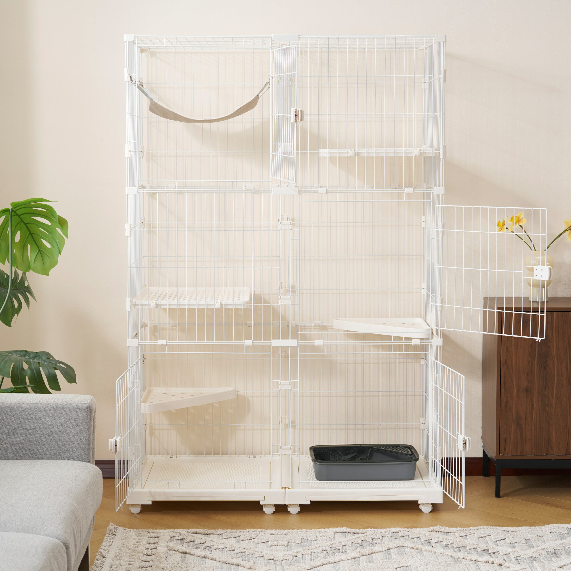 【2025年新仕様】猫 ケージ キャットケージ 3段 幅広設計 両開きドア 自由組み合わせ 猫ドア付き ハン..