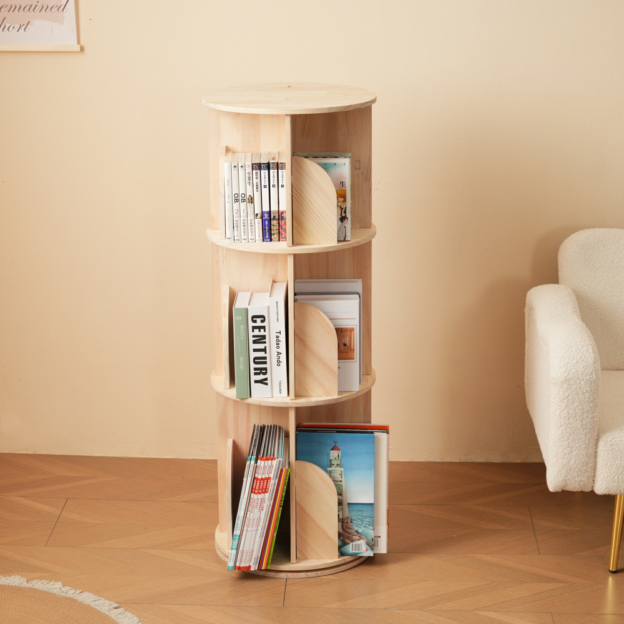 【3段-回転盤-マルチ高さ】無垢材 回転式本棚 飾り棚 絵本棚 360°回転本棚 コミック収納棚 本棚 大容量..