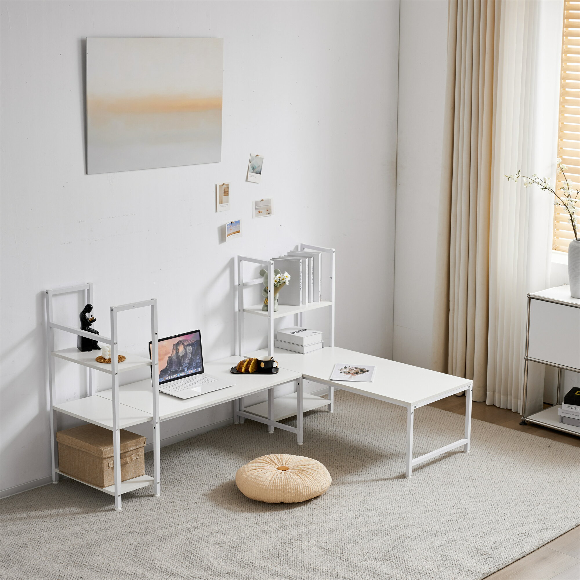 ブラック【新品登場】【ブラック】H型PCデスク ロータイプ一体型 ラック付き デスク ワークデスク 木製..