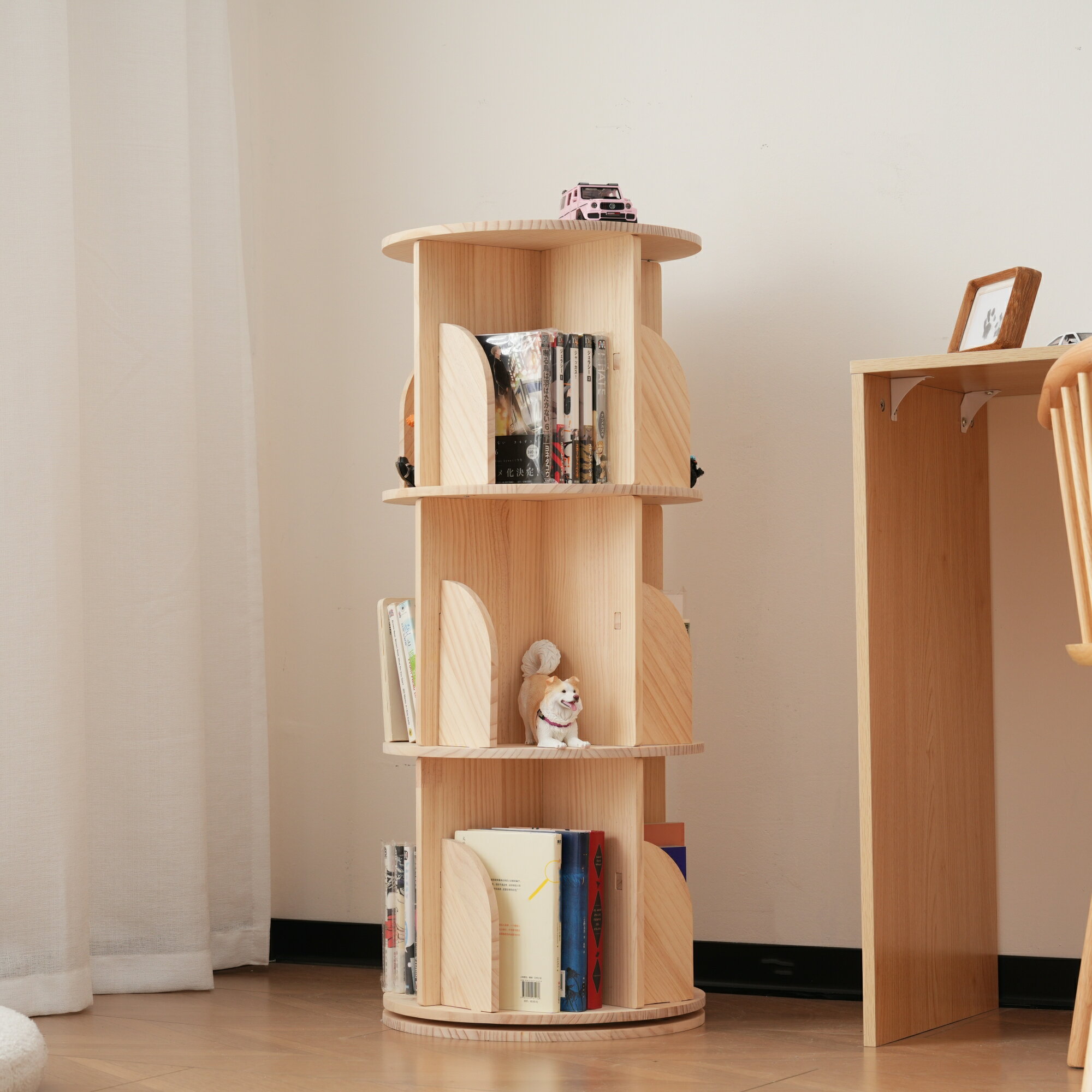 【3段-回転盤タイプ】無垢材 回転式本棚 飾り棚 絵本棚 360°回転本棚 コミック収納棚 本棚 大容量 回転..