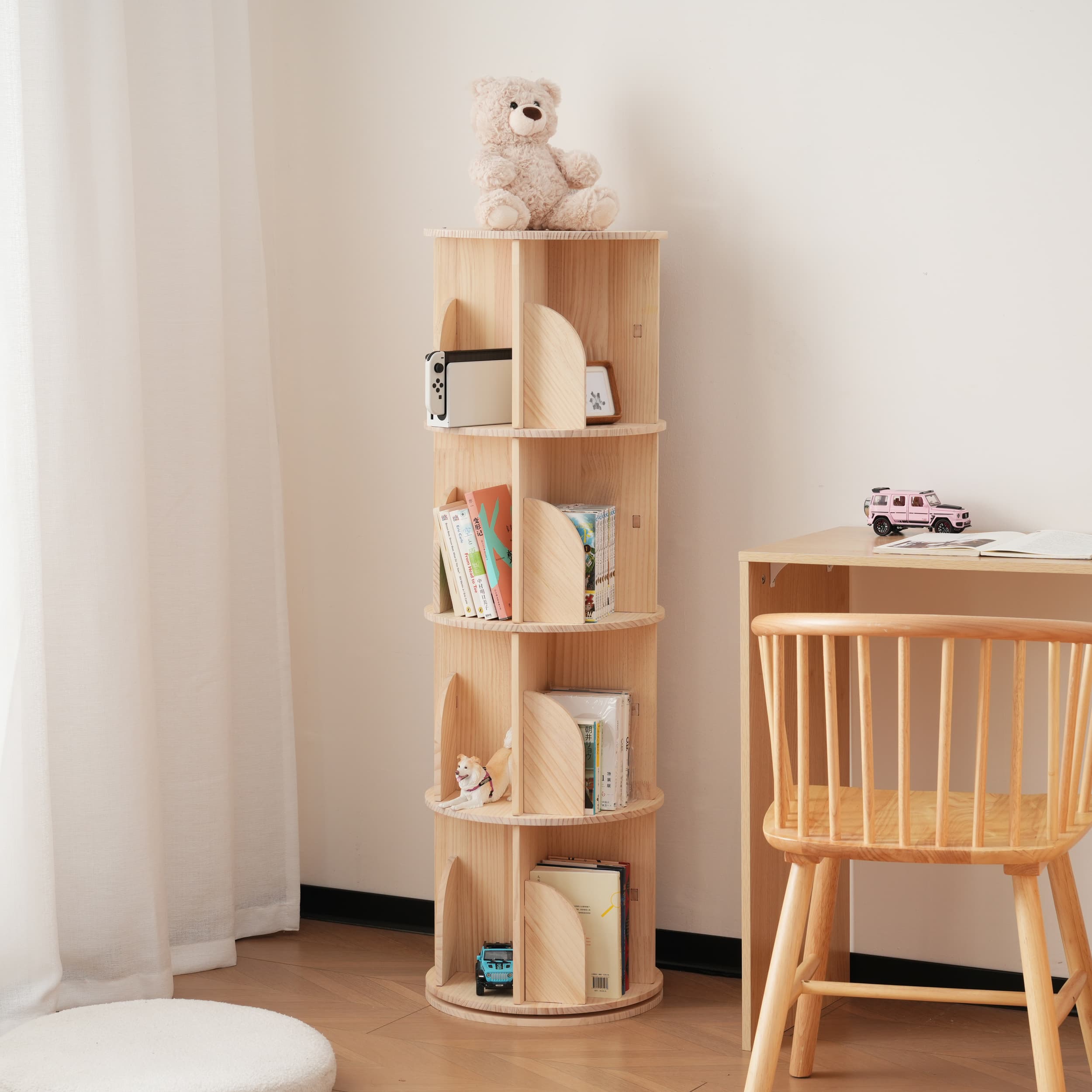 【4段-回転盤タイプ】無垢材 回転式本棚 飾り棚 絵本棚 360°回転本棚 コミック収納棚 本棚 大容量 回転..