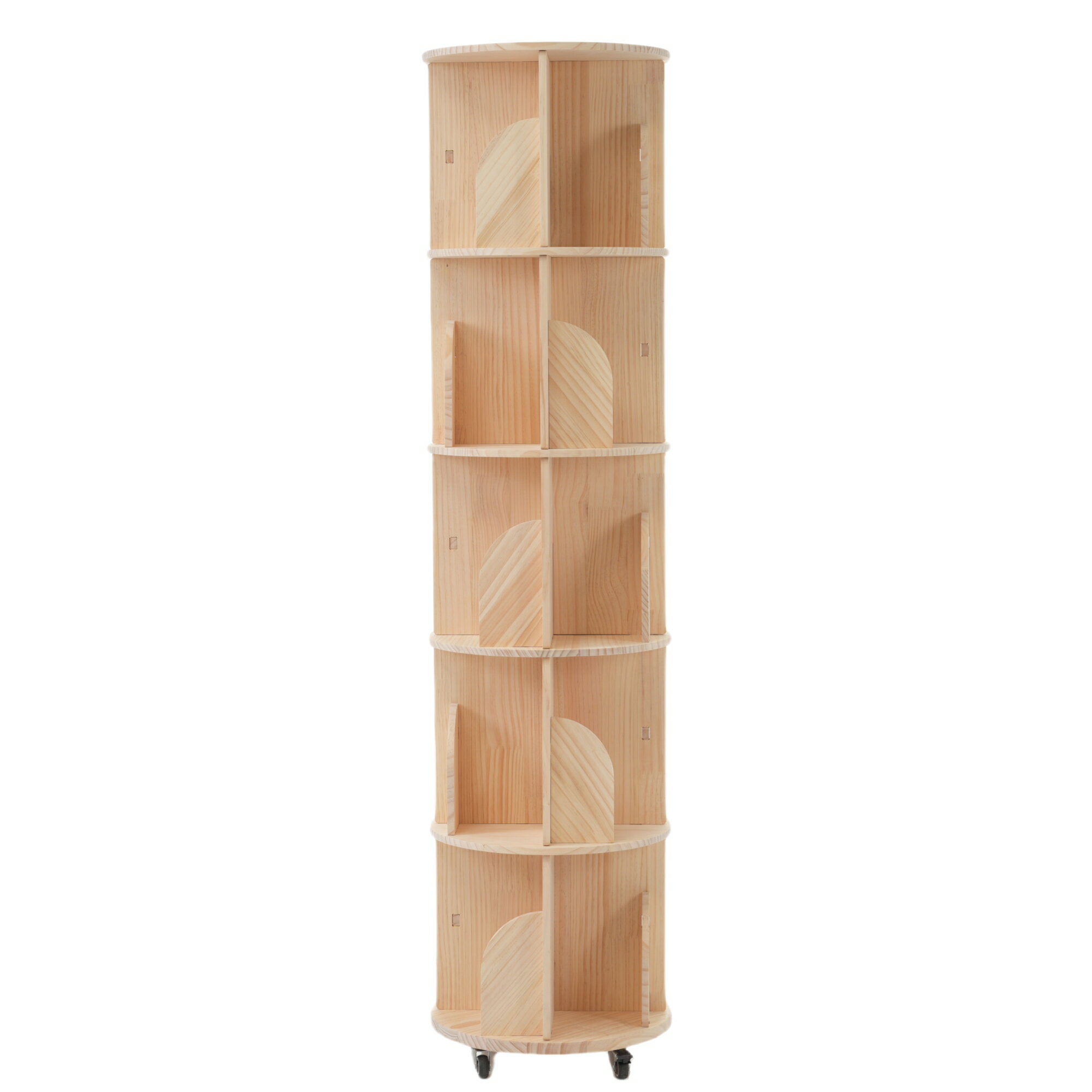 【5段-キャスター式】回転式本棚 キャスター付き 天然パイン材飾り棚 絵本棚 360°回転 コミック収納棚 ..