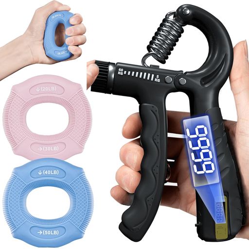 TattiOutハンドグリップ1個+握力リング2個セット可変式電子カウンターボタン電池内蔵筋トレ握力グリッ..