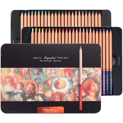 Marco大人の塗り絵色鉛筆48色油性発色の良い色えんぴつプロ3.7mm粗芯折れにくい大面積敷き色色彩豊かな重ね塗り可能着色しやすい子ども大人学生専門美術従事者向け鉄箱入高級プレゼント…のサムネイル