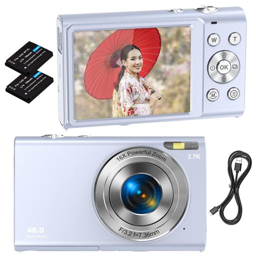 STUOGYUMデジタルカメラ2.7Kオートフォーカスデジカメ4800万画素FHD1520P録画700mAhバッテリー2個搭載16倍ズームウェブカメラ手ぶれ補正顔検出スマイルキャプチャー連続撮影自撮り