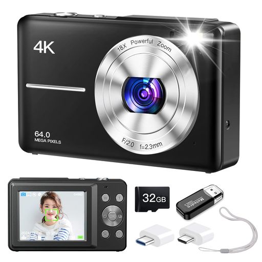 Moledroデジタルカメラ4Kデジカメ6400万画素32GBマイクロSDカード付き18倍デジタルズームオートフォーカスウェブカメラLEDライト手ぶれ補正多種類フィルターセルフタイマー携帯便利2.4インチ…