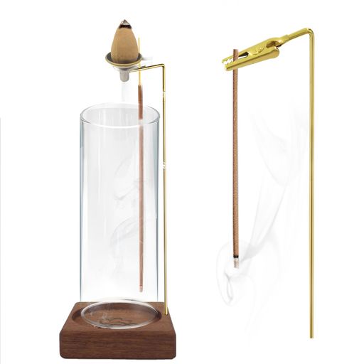 お香立てガラス香皿吊り下げ式おしゃれ線香立て縦置きホルダー木台座灰こぼれない癒し線香立てシンプルインテリア(倒流香香立て)