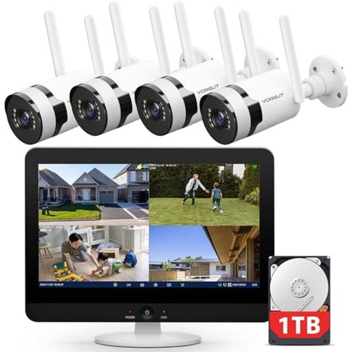 【800万画素・5年保証】VORGUT防犯カメラモニター付き4Kワイヤレス防犯カメラ4台セット2.4G&5GhzWiFi対..