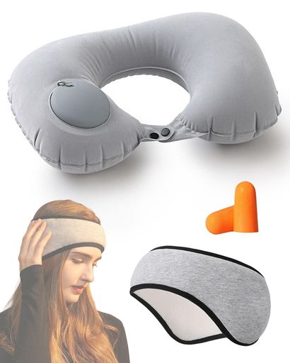 Alipネックピローエアーポンプコンパクトアイマスク睡眠用耳まで光の遮断アイマスク&イヤーマフの2in1..