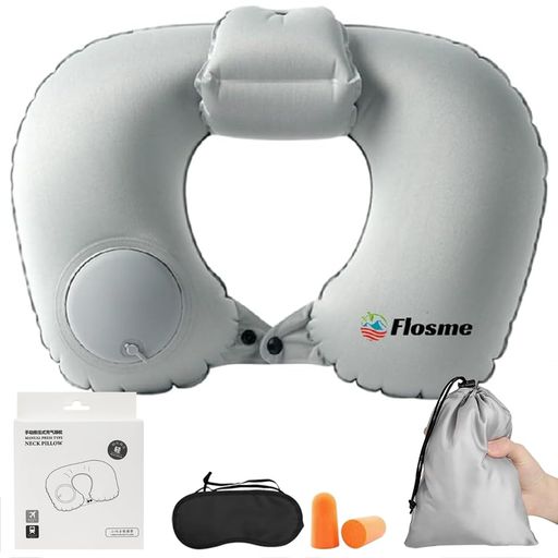 Flosmeネックピロー超軽量コンパクト手動プレス式携帯枕U型【ヘッドレスト付き】らダブルバルブ空気枕..